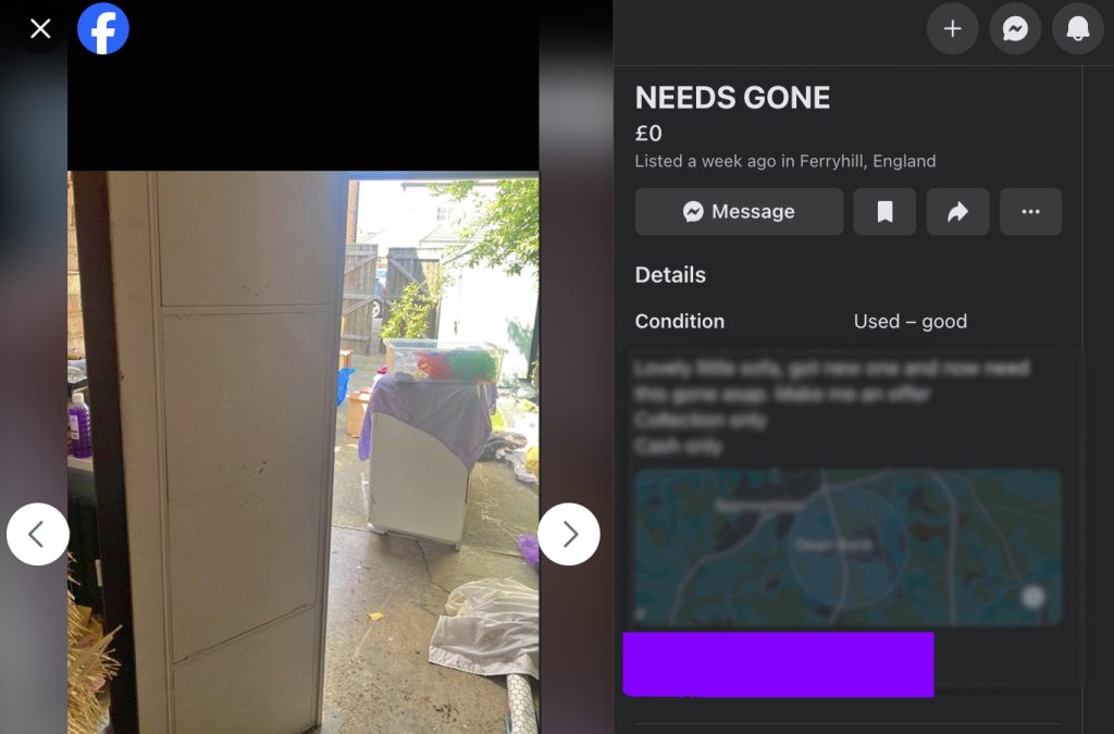 An advert from Facebook marketplace showing a sofa on its side in a back garden with the title "Needs Gone"